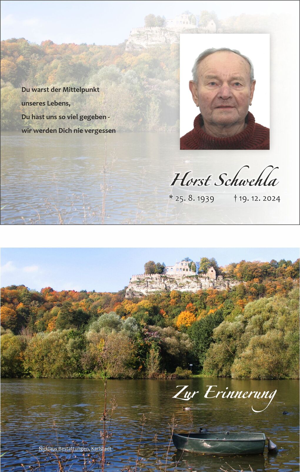 Gedenkblatt mit Foto eines Mannes und Landschaft mit B&auml;umen und Fluss im Hintergrund, beschriftet mit pers&ouml;nlichen Erinnerungen.