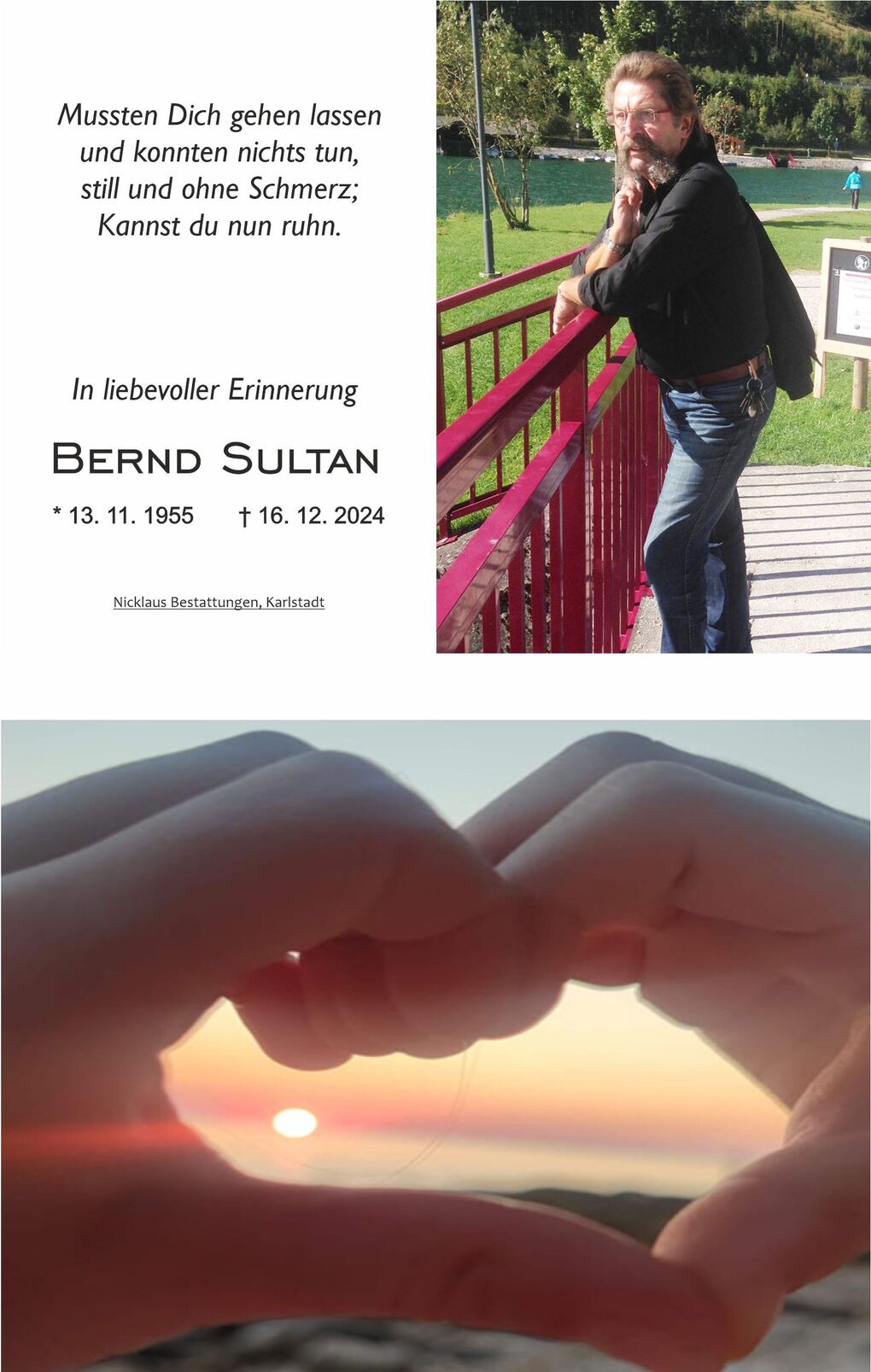 Grabstein mit einem Bild von Bernd Sultan und einem poetischen Text zur Erinnerung, daneben eine Hand in Herzform vor Sonnenuntergang.