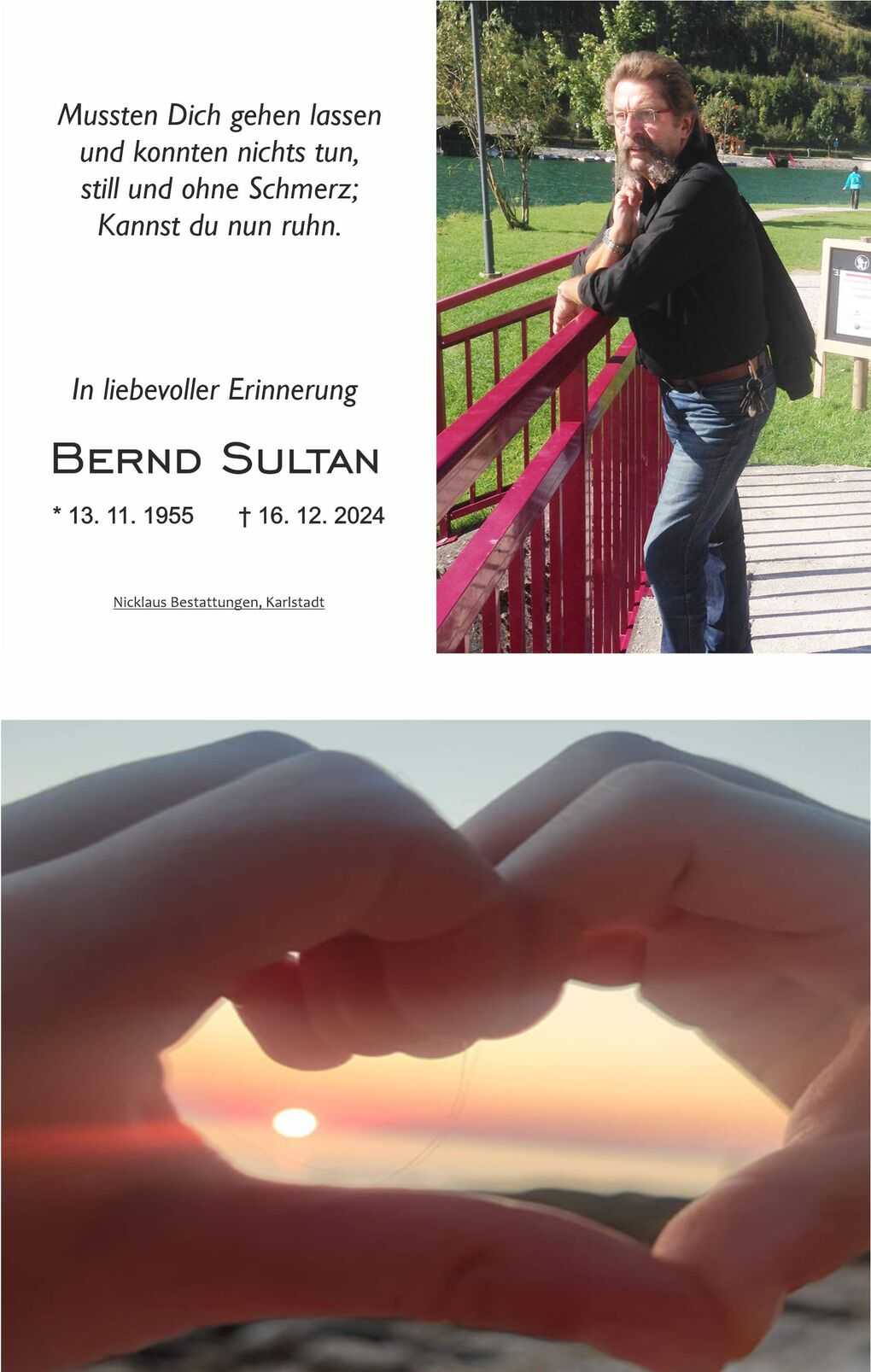 Grabstein mit einem Bild von Bernd Sultan und einem poetischen Text zur Erinnerung, daneben eine Hand in Herzform vor Sonnenuntergang.