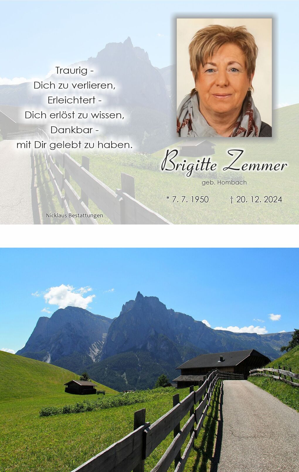 Gedenktafel mit Portrait einer Frau, umgeben von einer Berglandschaft mit Wiese, Holzhaus und Zaun.