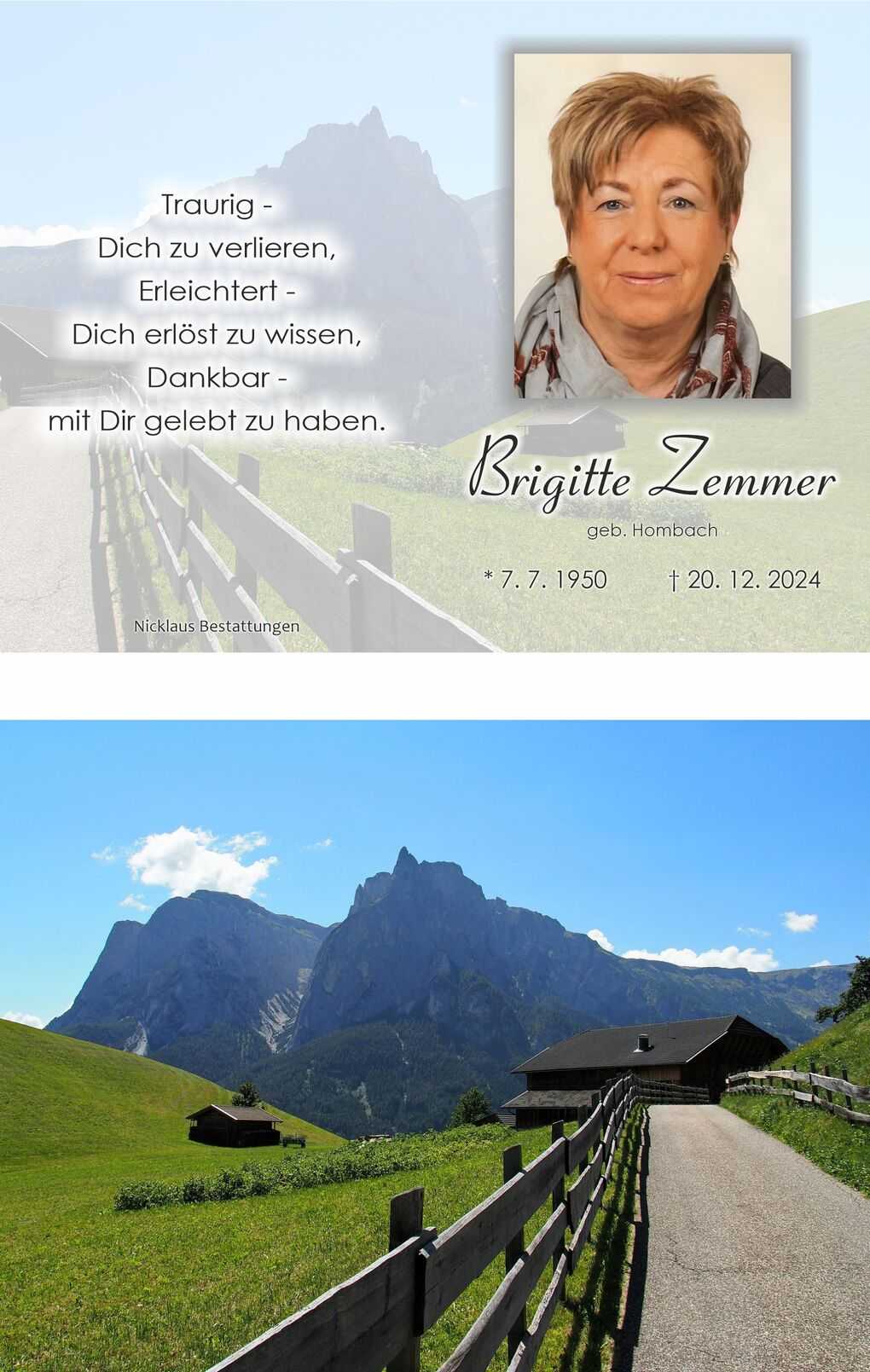 Gedenktafel mit Portrait einer Frau, umgeben von einer Berglandschaft mit Wiese, Holzhaus und Zaun.