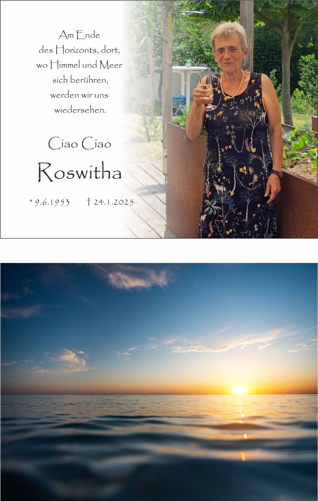 Frau mit einem Glas in der Hand steht im Garten, umgeben von Pflanzen und einem Tisch, in einem ged&auml;mpften Licht.