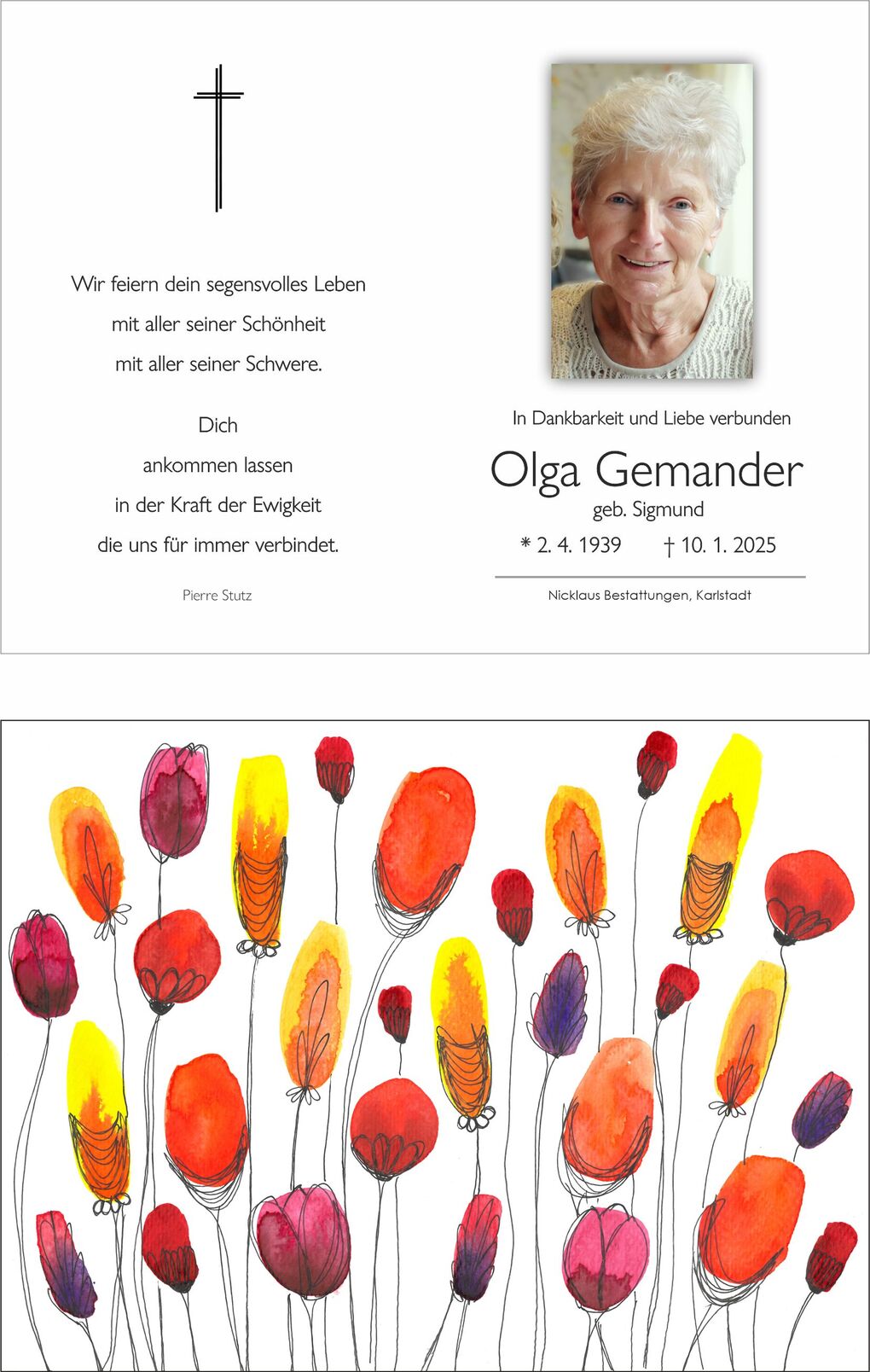 Trauerkarte mit Foto einer l&auml;chelnden Frau, umgeben von bunten, abstrakten Blumenillustrationen.