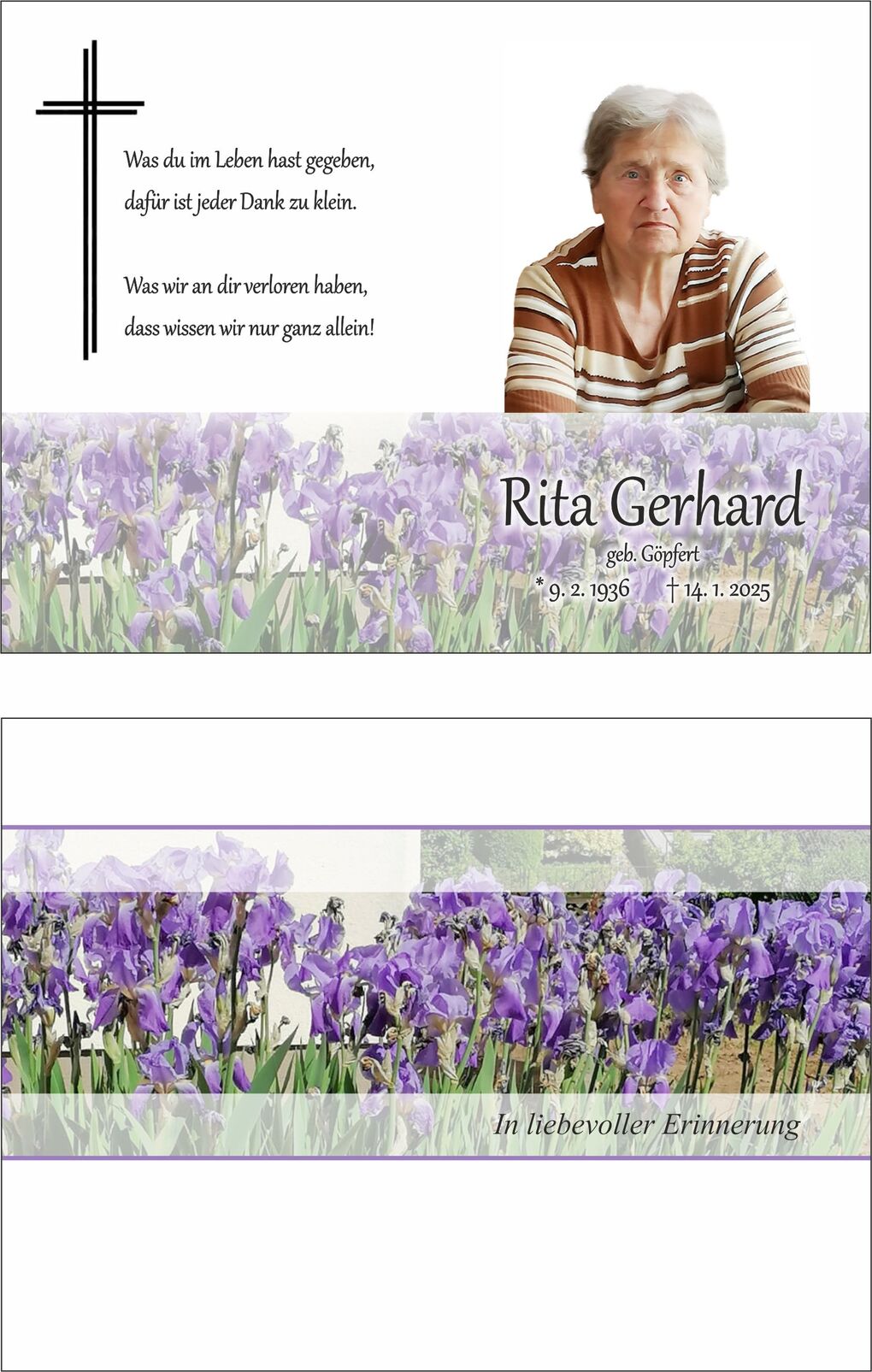 Trauerkarte mit Portr&auml;t von Rita Gerhard, umgeben von lila Schwertlilien und einem Kreuz, mit pers&ouml;nlichen Worten.