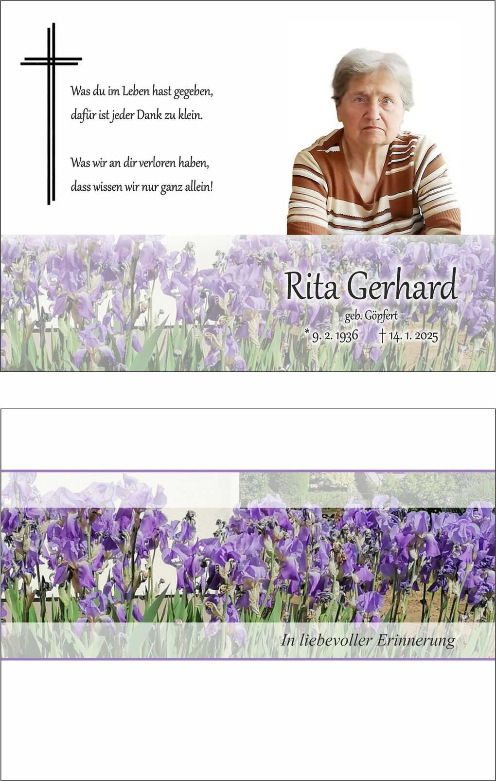 Trauerkarte mit Portr&auml;t von Rita Gerhard, umgeben von lila Schwertlilien und einem Kreuz, mit pers&ouml;nlichen Worten.