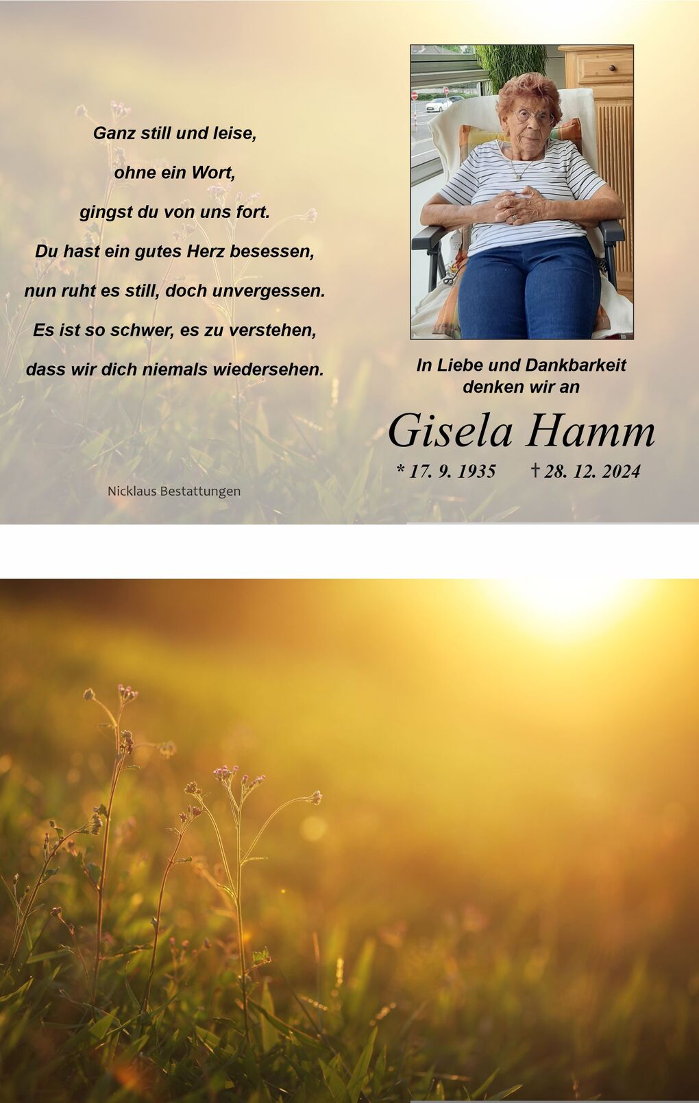 Erinnerungsbild mit Text f&uuml;r Gisela Hamm, umrahmt von einer bl&uuml;henden Wiese im Sonnenlicht.