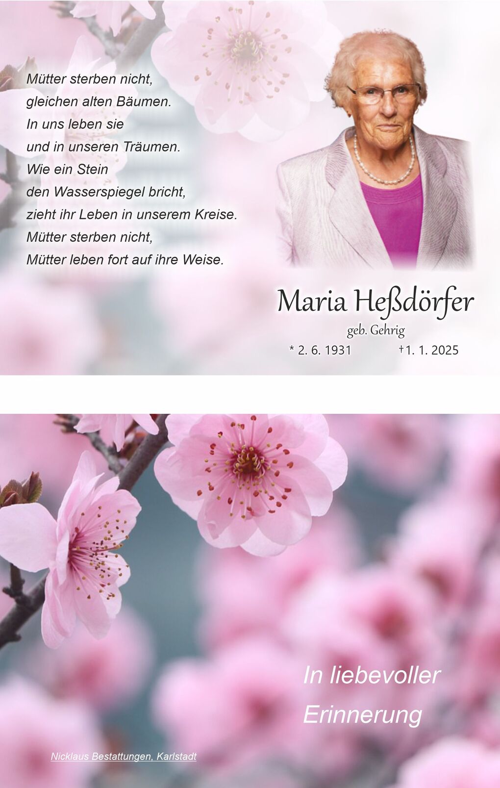 Traueranzeige f&uuml;r Maria He&szlig;d&ouml;rfer mit Blumenmotiven und einem Gedicht &uuml;ber das Leben der M&uuml;tter.