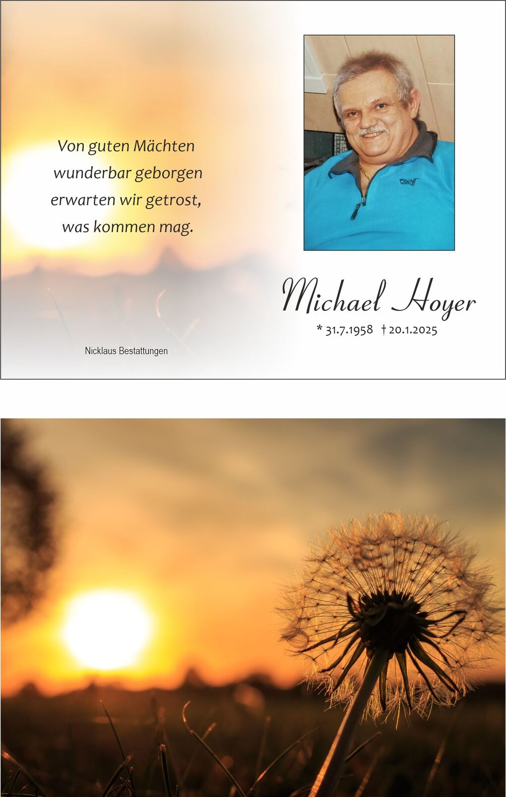 Trauerkarte mit Foto eines l&auml;chelnden Mannes und dem Text: &bdquo;Von guten M&auml;chten geborgen&ldquo; vor einem Sonnenuntergang.