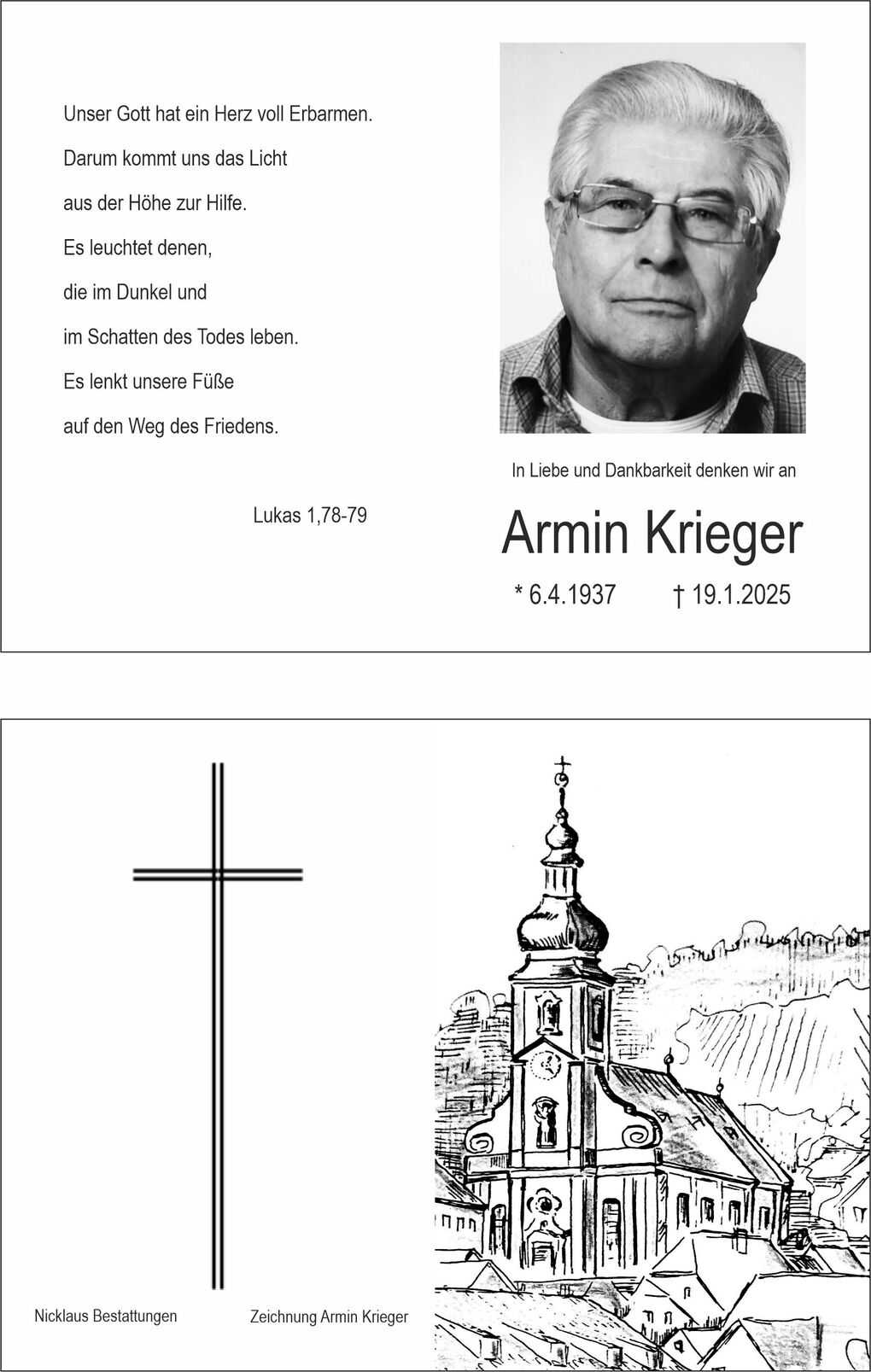 Erinnerungskarte f&uuml;r Armin Krieger mit Text, Foto, Kreuzsymbol und Zeichnung einer Kirche.