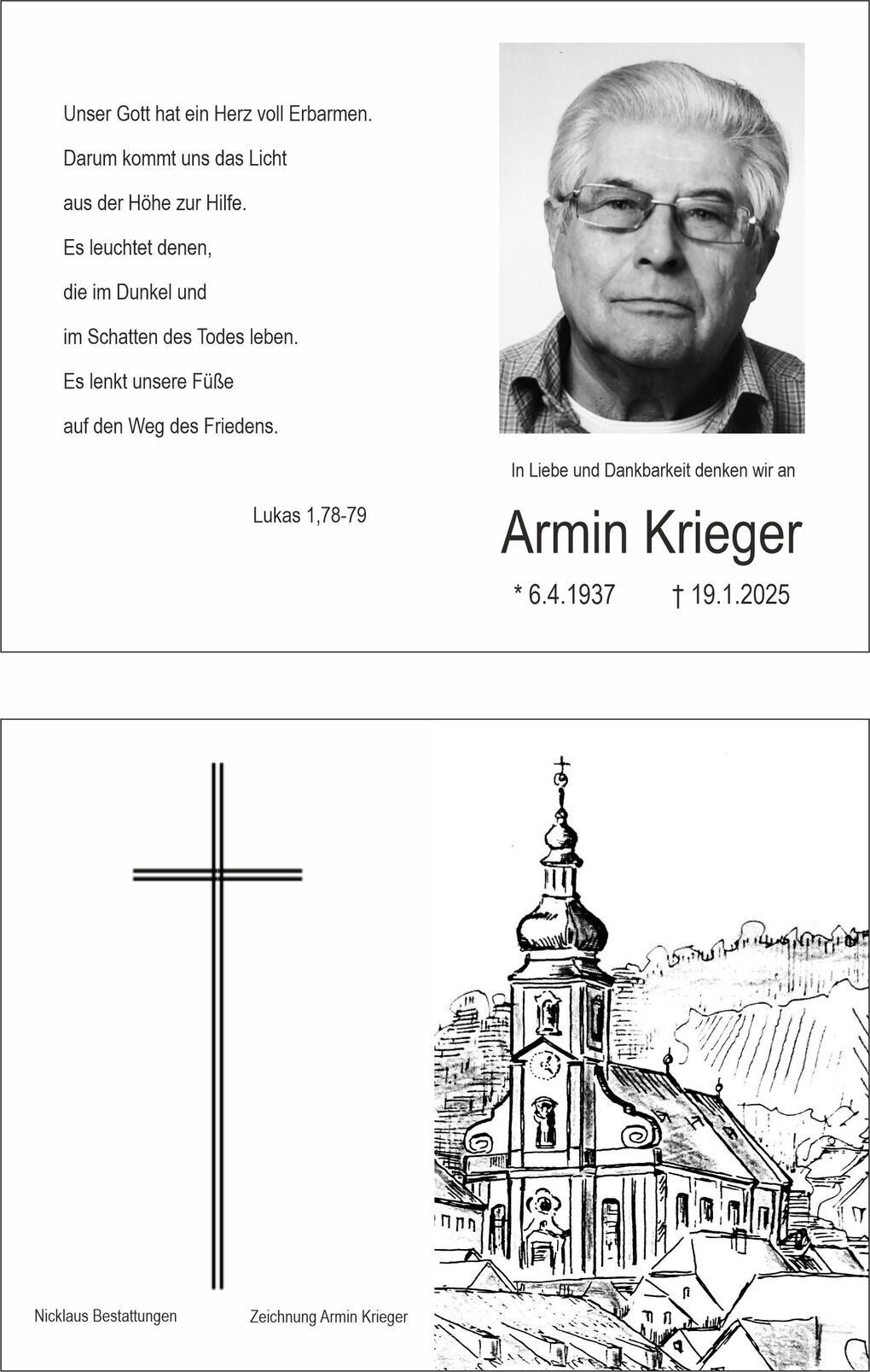 Erinnerungskarte f&uuml;r Armin Krieger mit Text, Foto, Kreuzsymbol und Zeichnung einer Kirche.