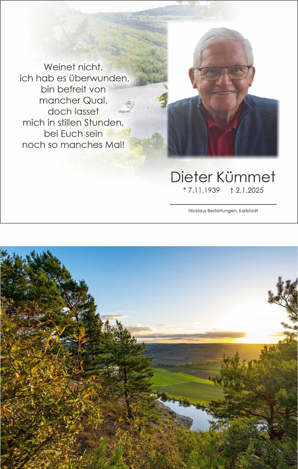 Stillleben mit Portrait von Dieter K&uuml;mmet, umgeben von Natur und gef&uuml;hlvollem Text, der Trost spendet.