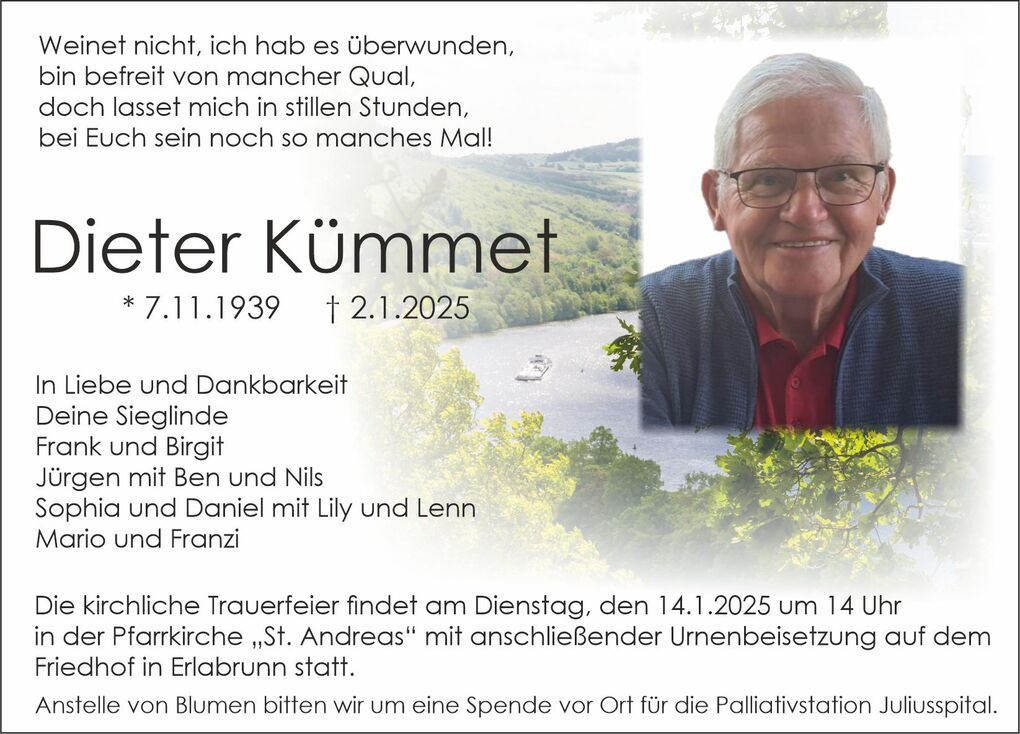 Traueranzeige f&uuml;r Dieter K&uuml;mmet, mit Geburts- und Sterbedatum sowie pers&ouml;nlichen Botschaften von Angeh&ouml;rigen.