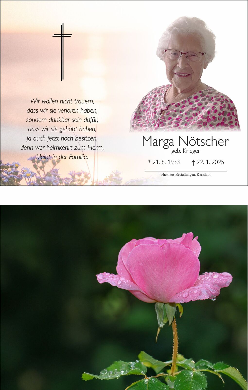 Gedenkbild mit einer Portr&auml;taufnahme einer &auml;lteren Frau, umgeben von einem Erinnerungsquote und einem Kreuz.