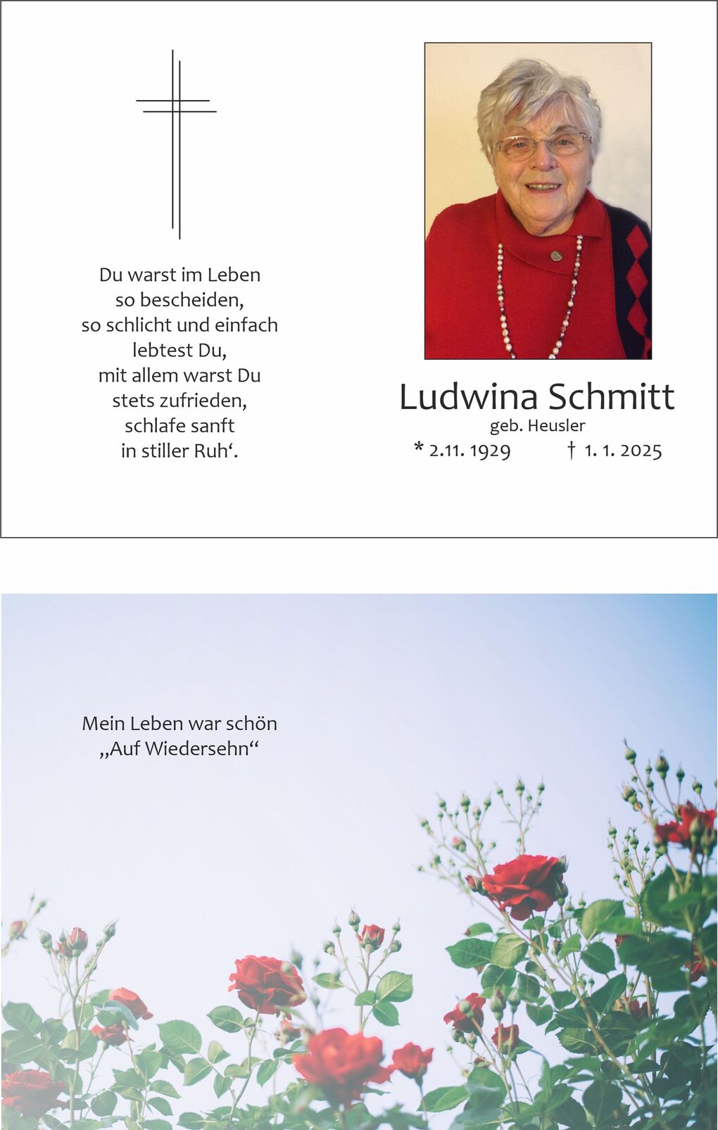 Trauerkarte mit einem Portr&auml;t von Ludwina Schmitt, umgeben von Rosen und einer Erinnerungsbotschaft.