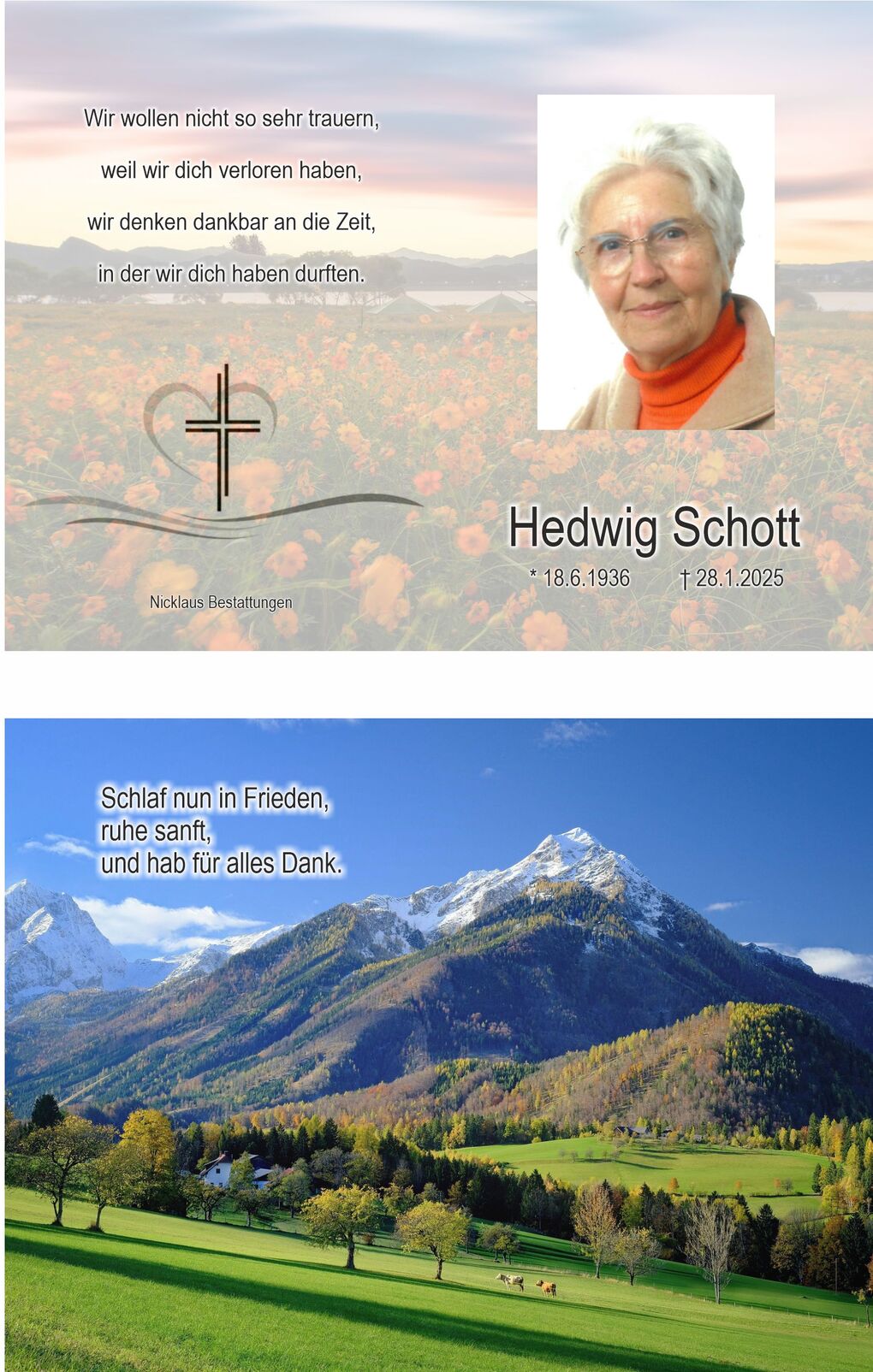 Trauerkarte mit Foto einer &auml;lteren Frau und Blumenfeld im Hintergrund, dar&uuml;ber ein Text mit Gedenkworten.