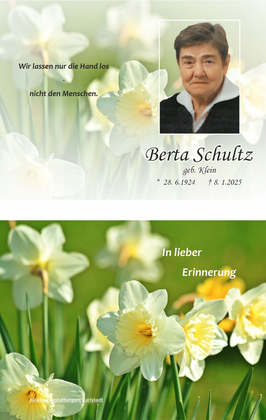 Erinnerungskarte f&uuml;r Berta Schultz mit Foto und wei&szlig;en Narzissen im Hintergrund. Texte: "In lieber Erinnerung" und Lebensdaten.