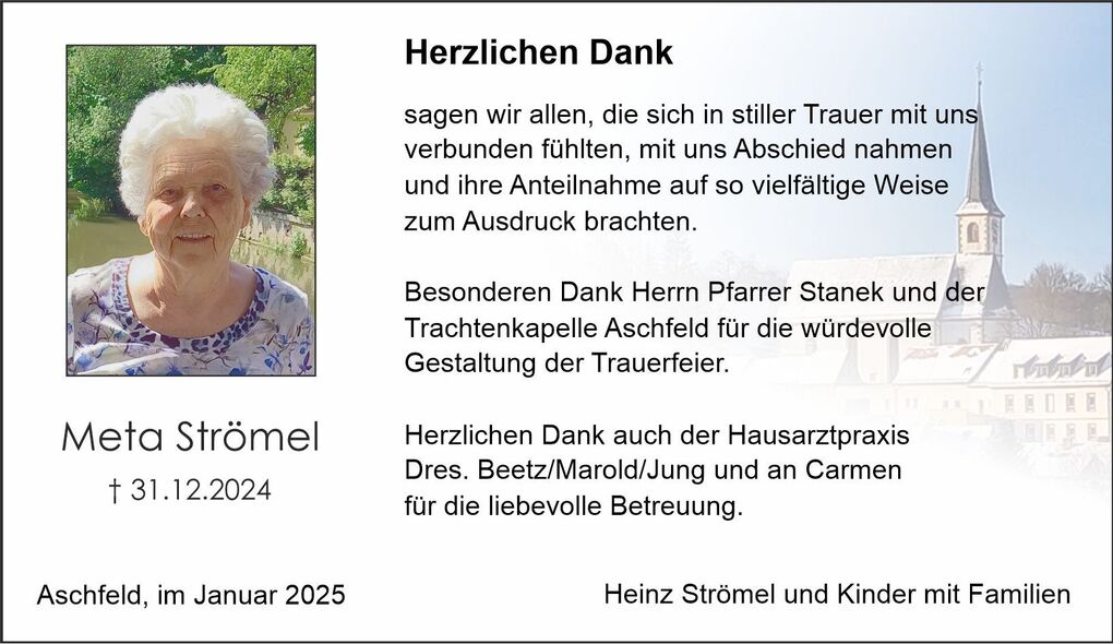 Portr&auml;t einer &auml;lteren Frau mit wei&szlig;em Haar, l&auml;chelnd vor einer gr&uuml;nen Landschaft, umgeben von Dankestexten.