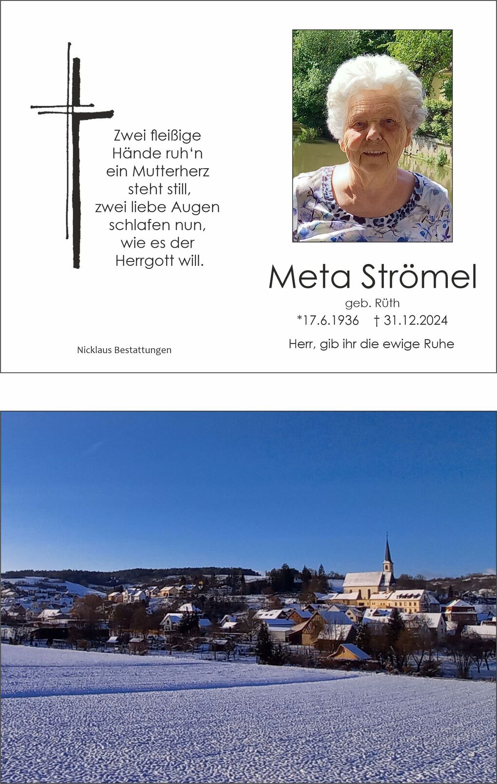 Bild eines Gedenkblattes mit Foto einer &auml;lteren Frau und einem Gedicht, umgeben von einem schneebedeckten Landschaftshorizont.