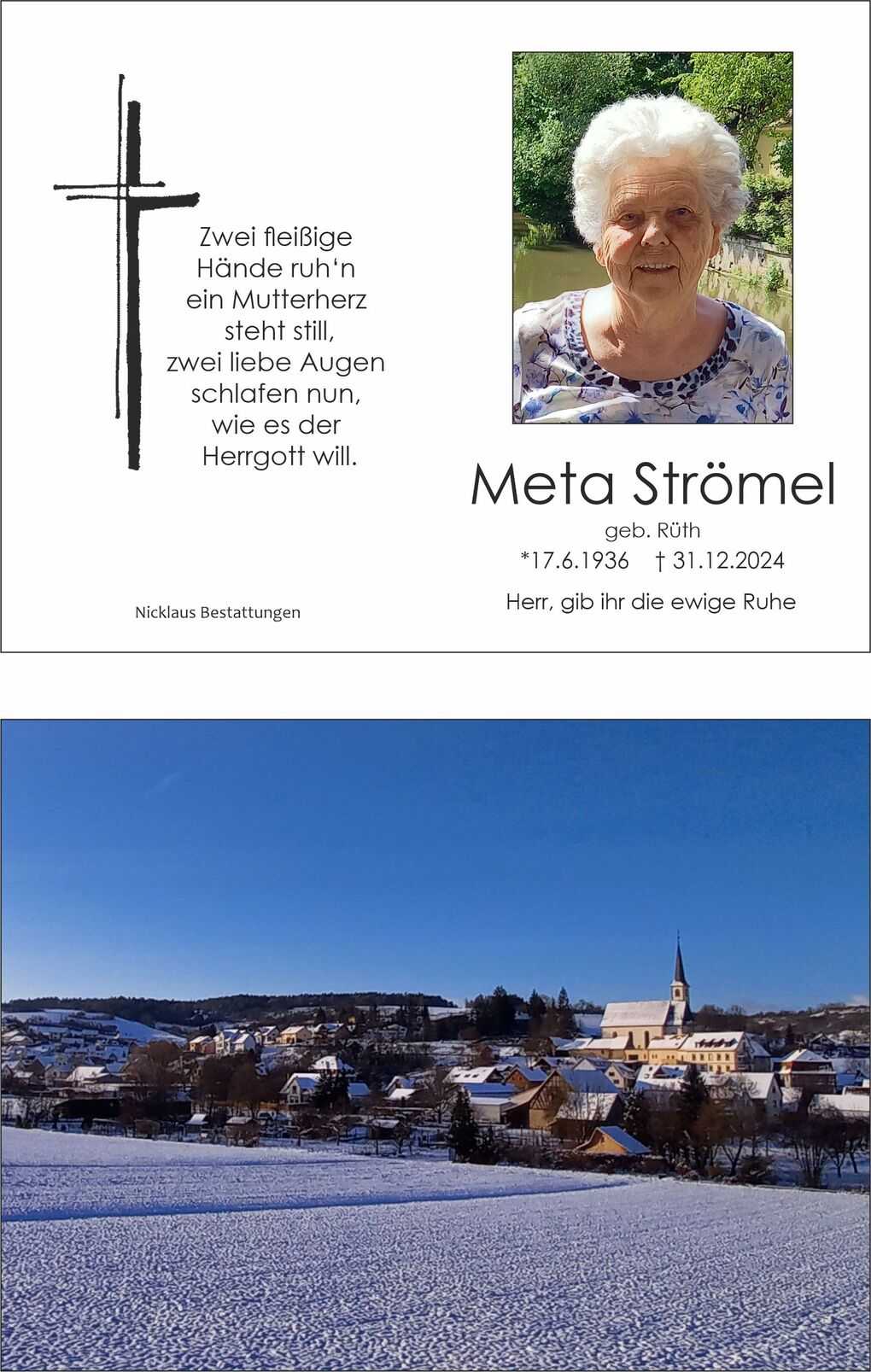 Bild eines Gedenkblattes mit Foto einer &auml;lteren Frau und einem Gedicht, umgeben von einem schneebedeckten Landschaftshorizont.