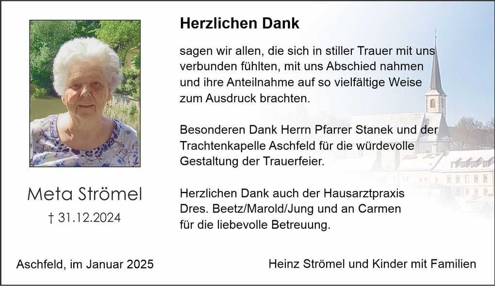Portr&auml;t einer &auml;lteren Frau mit wei&szlig;em Haar, l&auml;chelnd vor einer gr&uuml;nen Landschaft, umgeben von Dankestexten.
