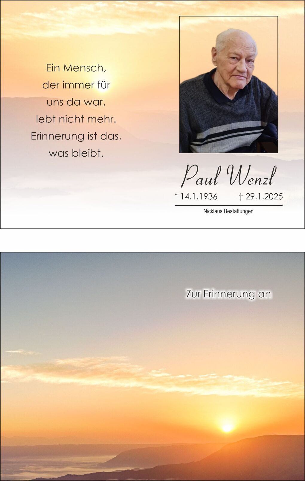 Gedenkbild f&uuml;r Paul Wenzl mit Portrait, Geburts- und Sterbedatum sowie Sonnenuntergang im Hintergrund.