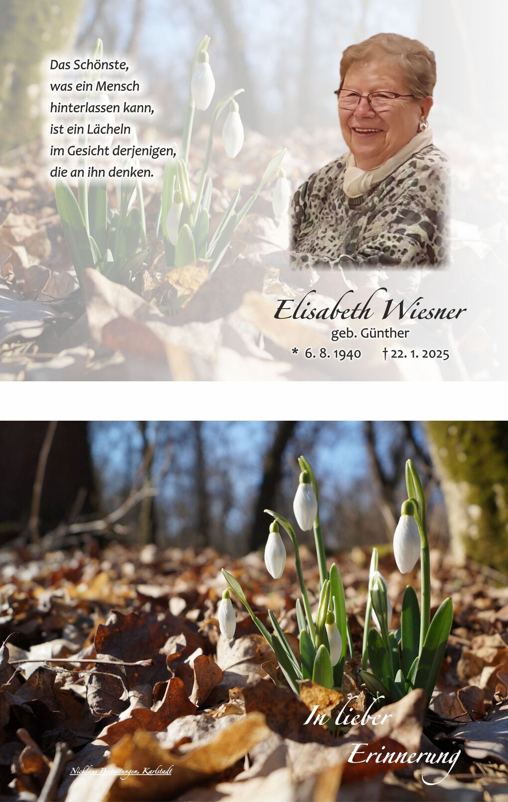 Eine fr&uuml;hlingshafte Szene mit Schneegl&ouml;ckchen auf herbstlichem Laub; im Hintergrund ein L&auml;cheln einer &auml;lteren Frau.