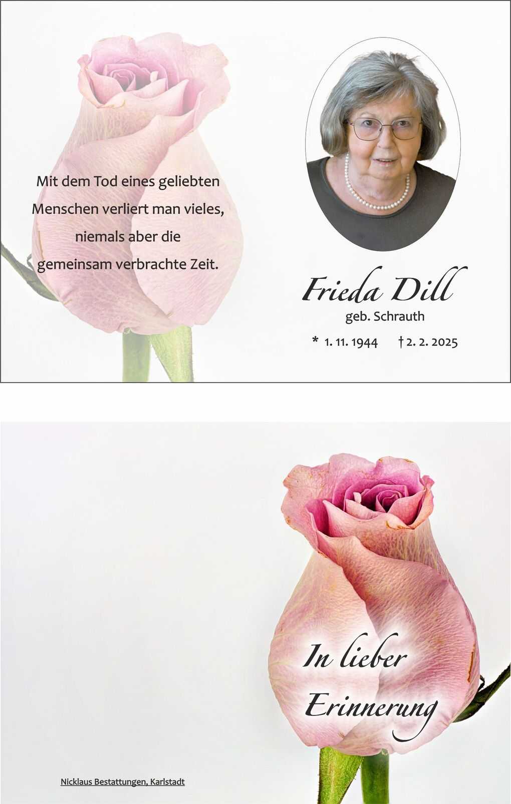 Brief mit einem Portr&auml;t einer &auml;lteren Frau, darunter eine rosa Rose und der Text &bdquo;In lieber Erinnerung&ldquo;.