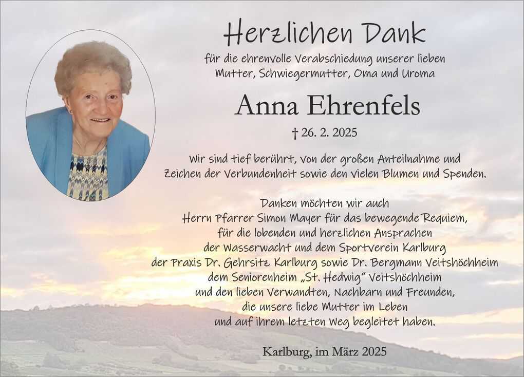 Traueranzeige f&uuml;r Anna Ehrenfels, umrahmt von einem Portrait. Dank f&uuml;r Anteilnahme und Unterst&uuml;tzung durch Freunde und Familie.
