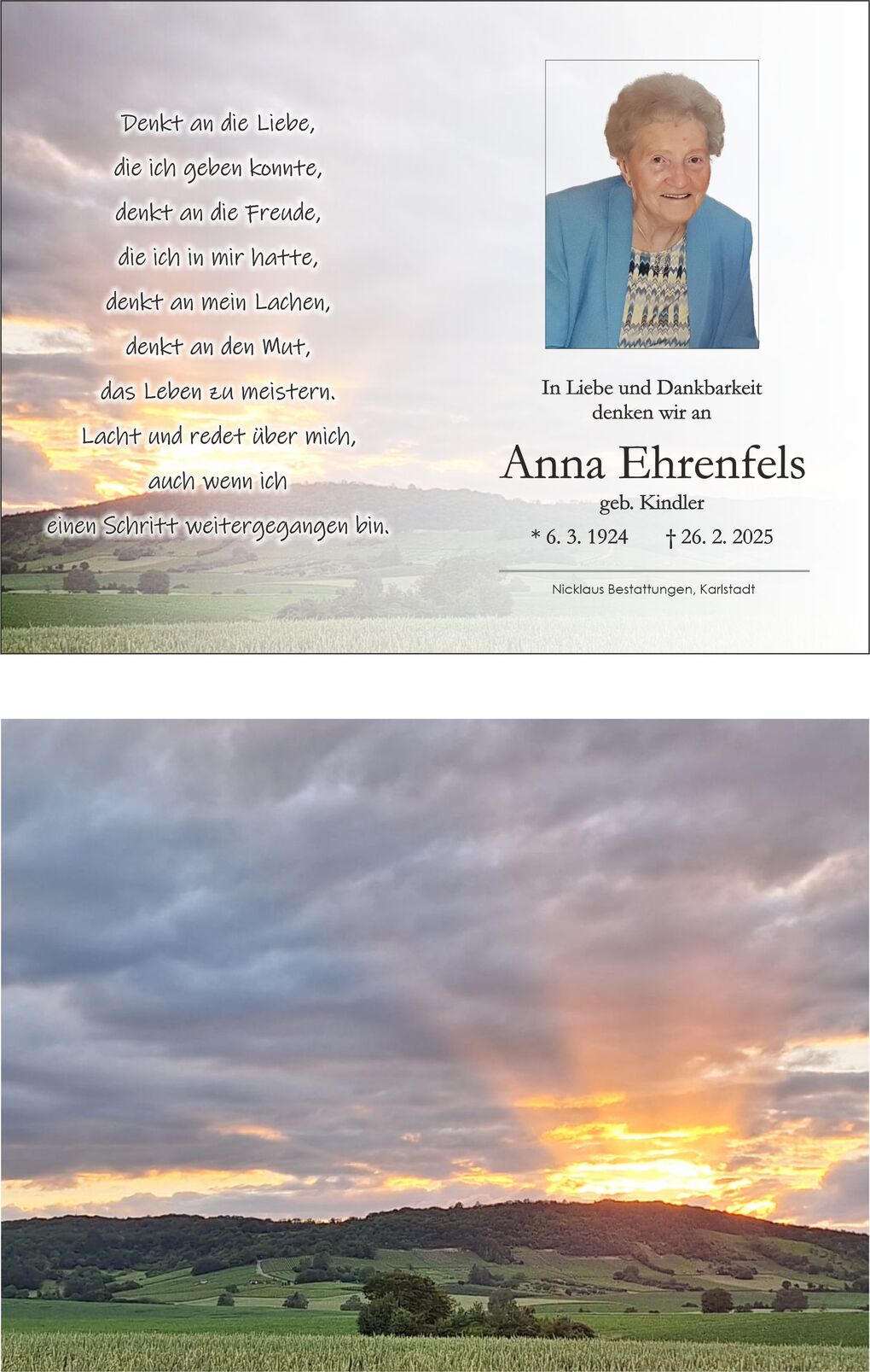 Gedenkblatt f&uuml;r Anna Ehrenfels mit Foto und Gedicht, umrahmt von einer l&auml;ndlichen Landschaft unter einem bew&ouml;lkten Himmel.