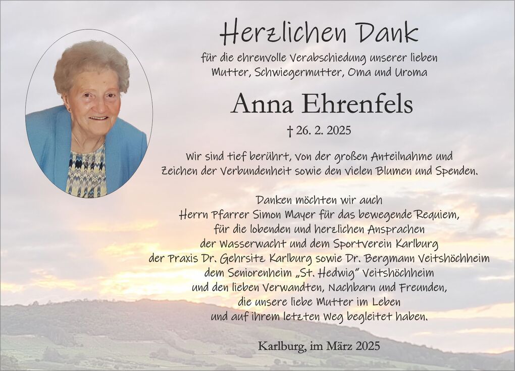 Traueranzeige f&uuml;r Anna Ehrenfels, umrahmt von einem Portrait. Dank f&uuml;r Anteilnahme und Unterst&uuml;tzung durch Freunde und Familie.