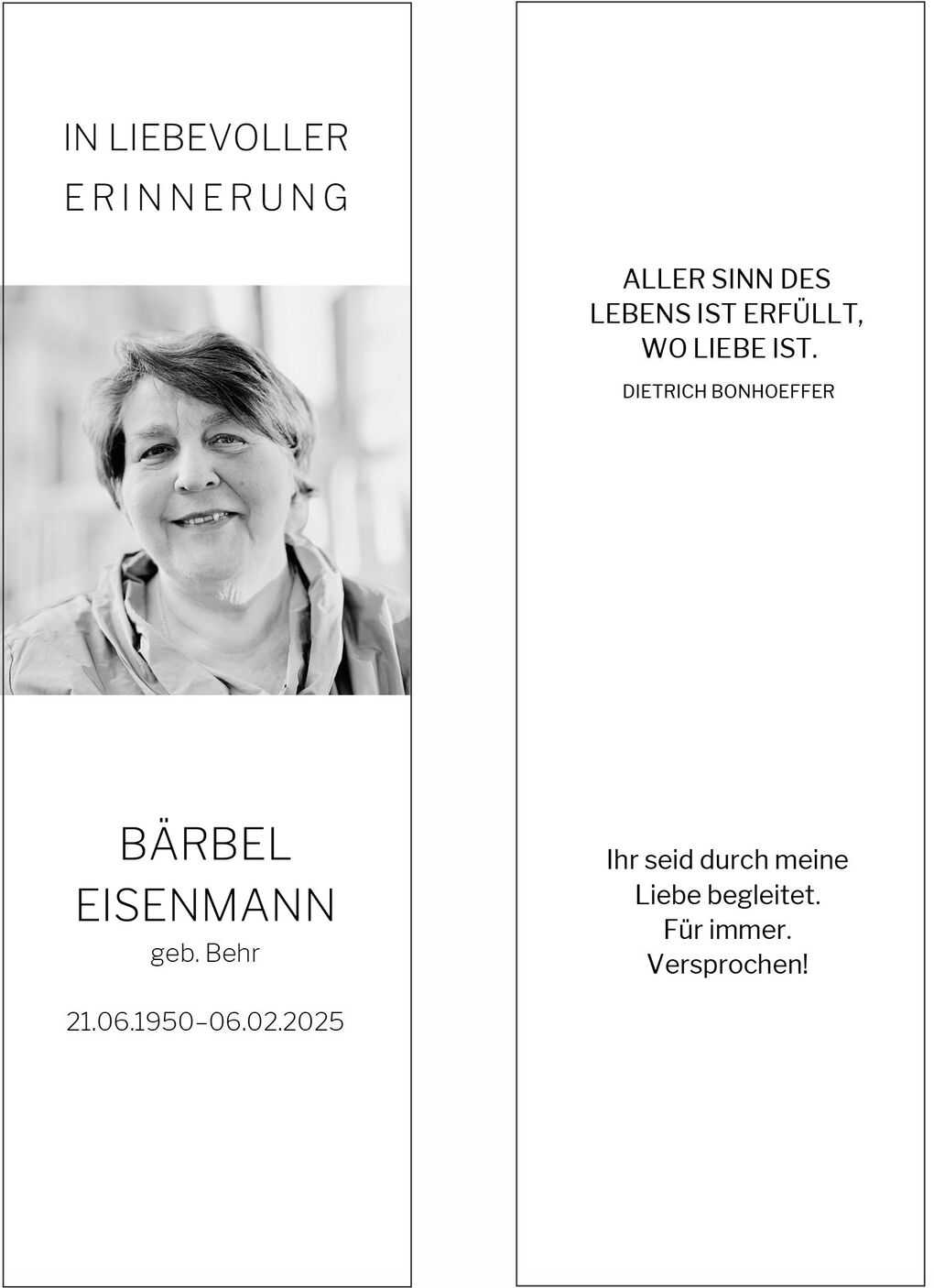 Schwarzwei&szlig;portr&auml;t einer Frau mit schulterlangen Haaren, umrahmt von einem Erinnerungsdesign und einem Gedicht.