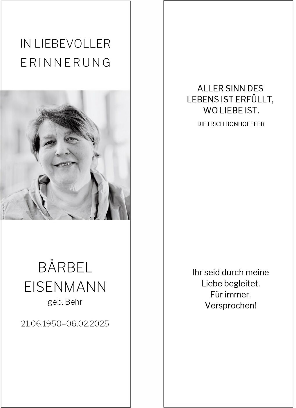 Schwarzwei&szlig;portr&auml;t einer Frau mit schulterlangen Haaren, umrahmt von einem Erinnerungsdesign und einem Gedicht.