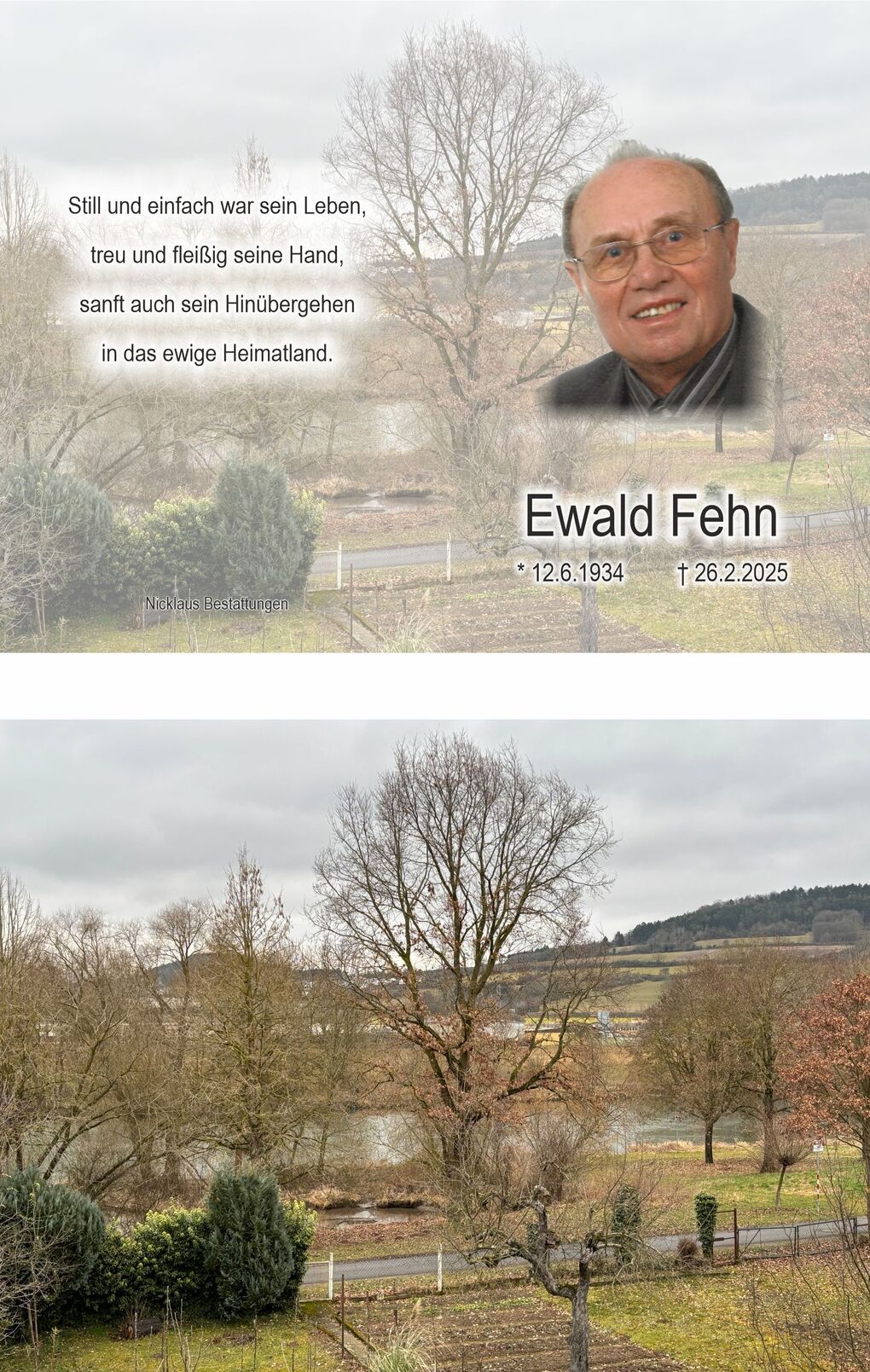 Gedenkbild f&uuml;r Ewald Fehn mit Portr&auml;t, Lebensdaten und landschaftlichem Hintergrund eines ruhigen Flusses und B&auml;ume.