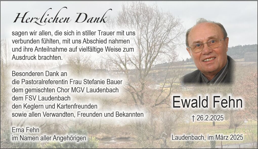Trauermitteilung f&uuml;r Ewald Fehn mit Dank an Angeh&ouml;rige, Freunde und Bekannte, umrahmt von einer Landschaft aus B&auml;umen.
