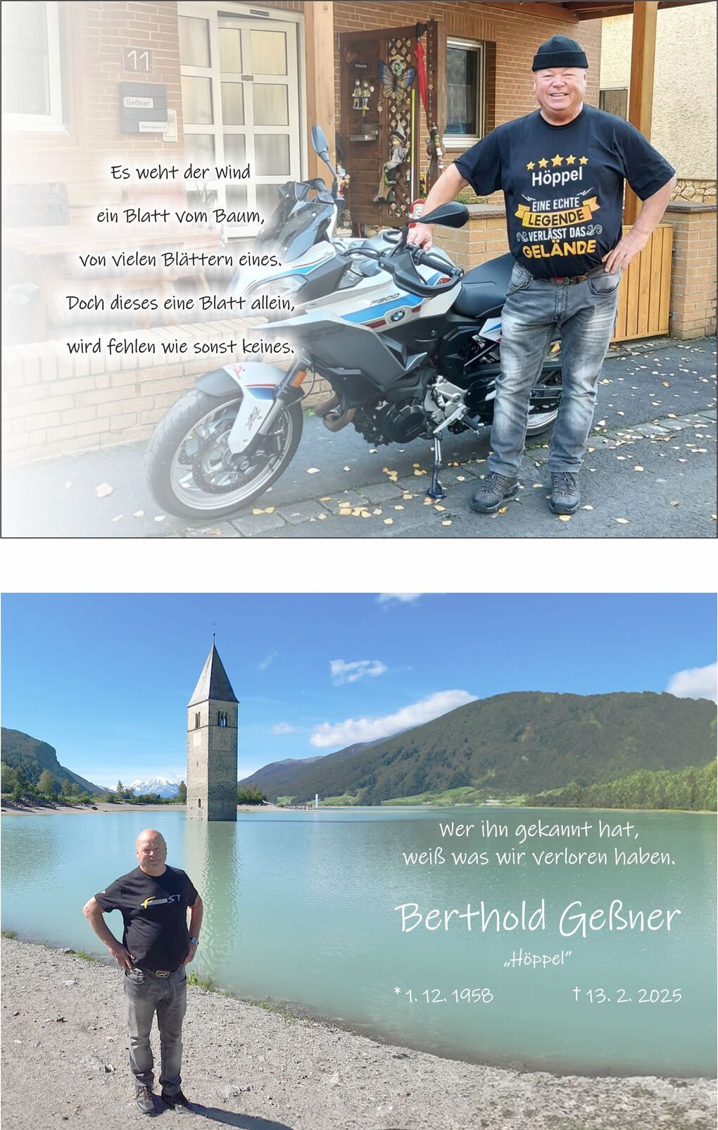 Ein l&auml;chelnder Mann in einem schwarzen T-Shirt steht neben einer BMW-Motorrad vor einem Wohnhaus.