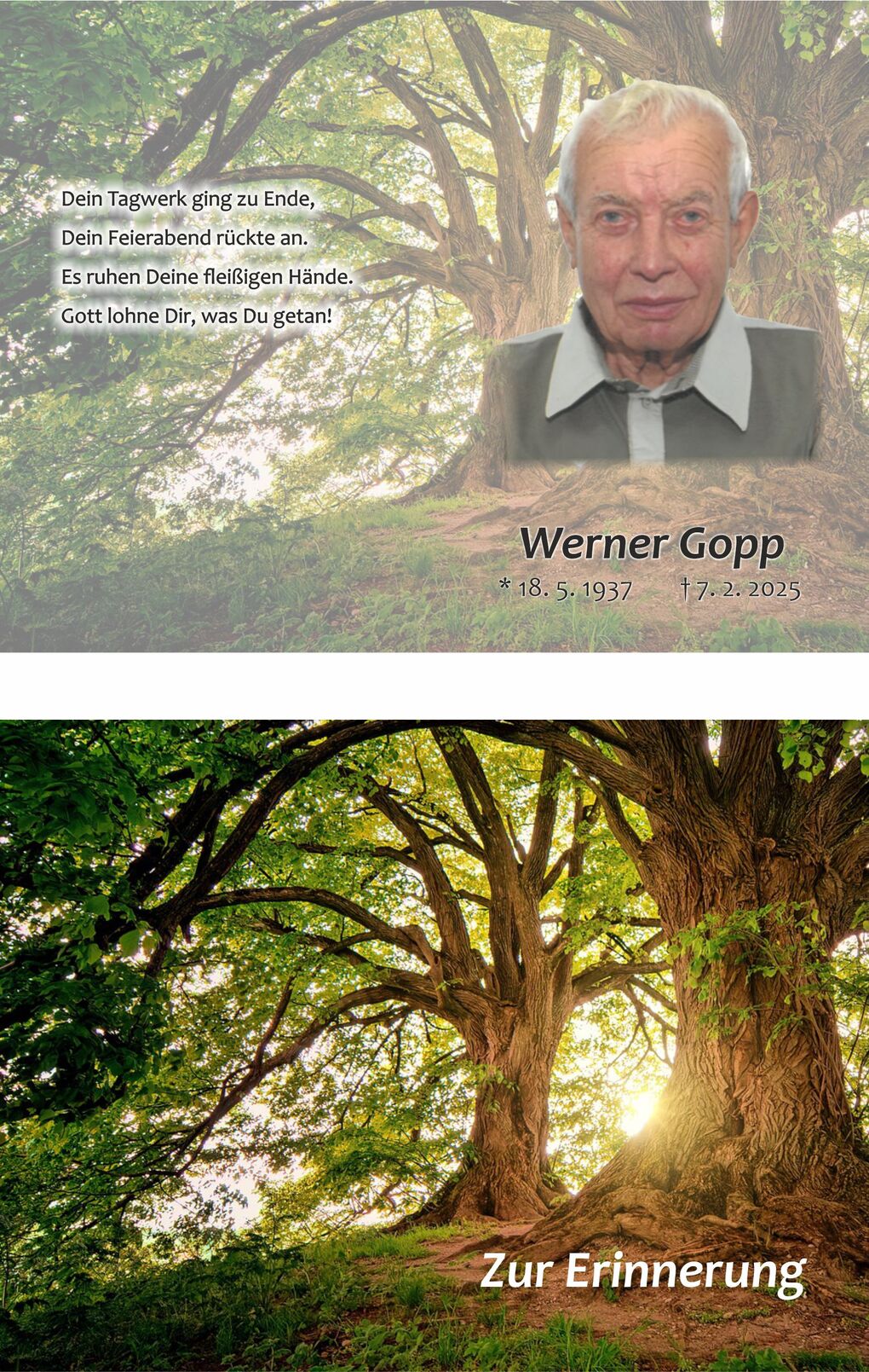 Gedenkbild mit Portr&auml;t von Werner Gopp vor einem gro&szlig;en Baum und Text &uuml;ber seine Lebensdaten und eine Gedichtzeile.