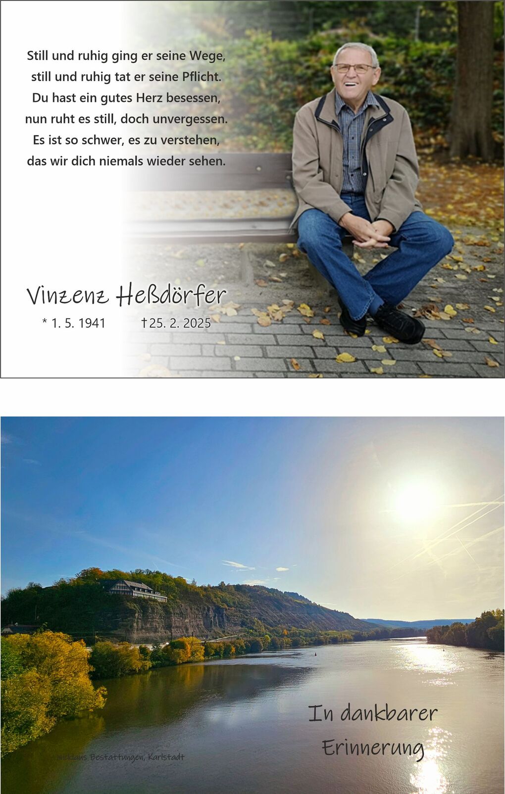 Portr&auml;t eines Mannes auf einer Parkbank, umgeben von herbstlichen Bl&auml;ttern, mit Inschrift zu seinem Gedenken.