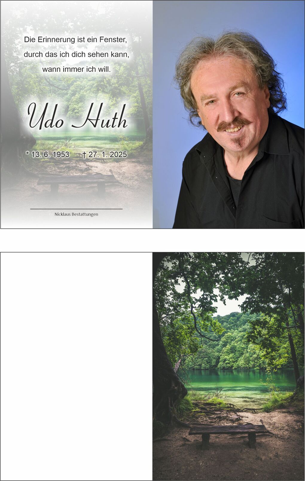 Portr&auml;t eines Mannes mit grauen Haaren, umgeben von Natur, mit Text zu Erinnerungen und Lebensdaten.