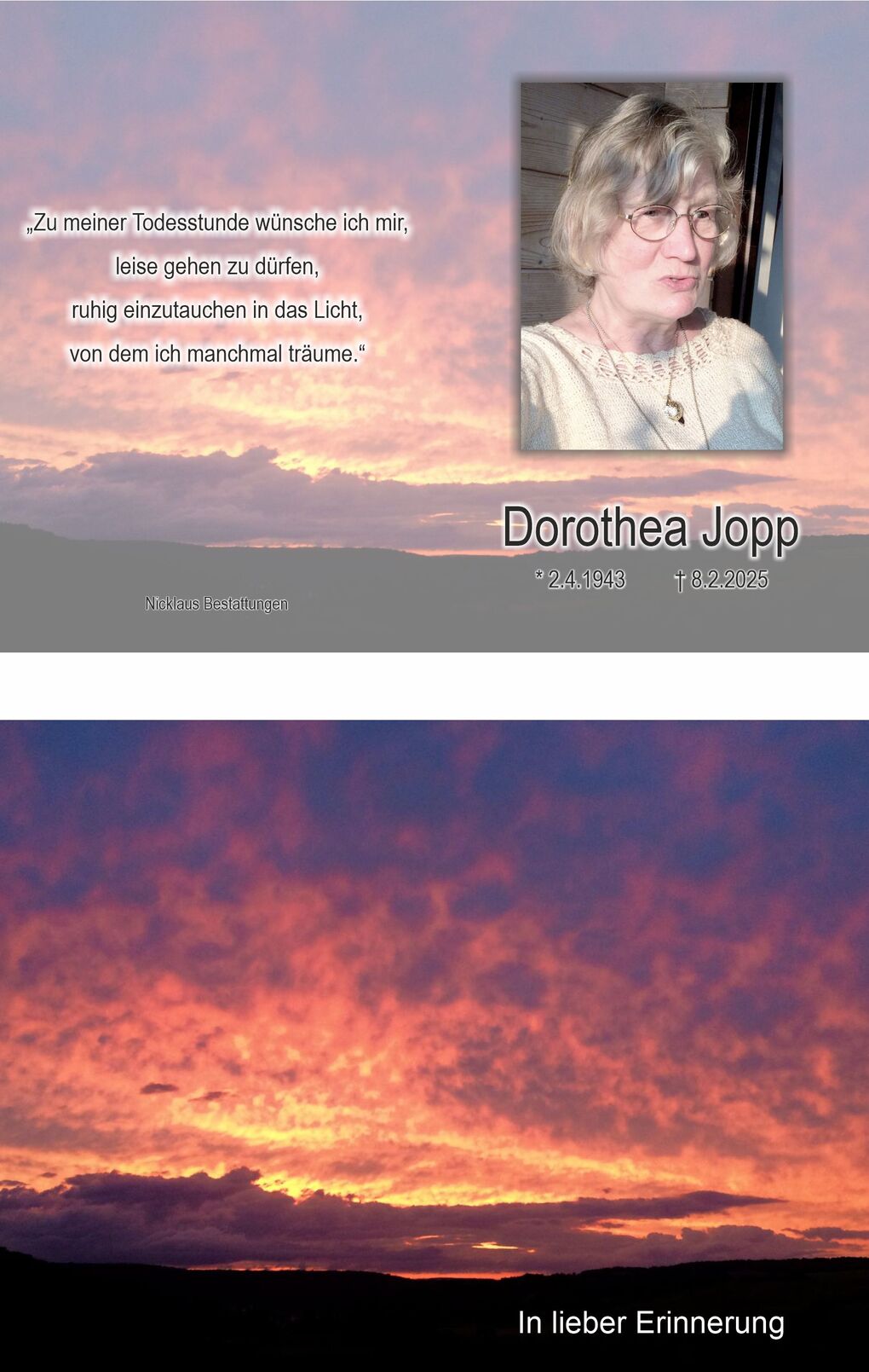 Portrait von Dorothea Jopp mit zitiertem Text auf einem Hintergrund aus bunten Abendwolken.