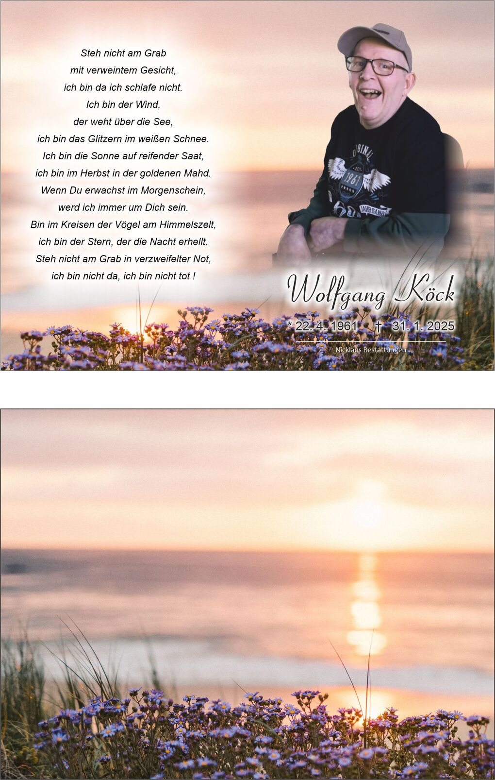 Bl&uuml;hende lila Blumen am Strand mit sanften Wellen und einem Sonnenuntergang im Hintergrund.