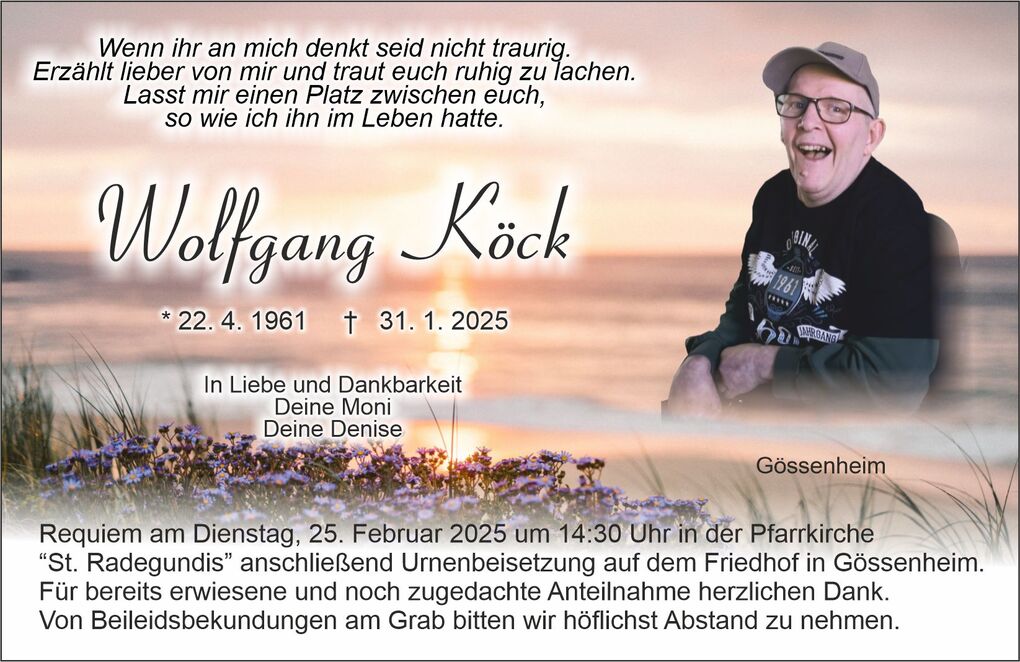 Bild mit einer Gedenkkarte f&uuml;r Wolfgang K&ouml;ck, einschlie&szlig;lich Geburtstag, Sterbedatum und Beileidsbekundungen.