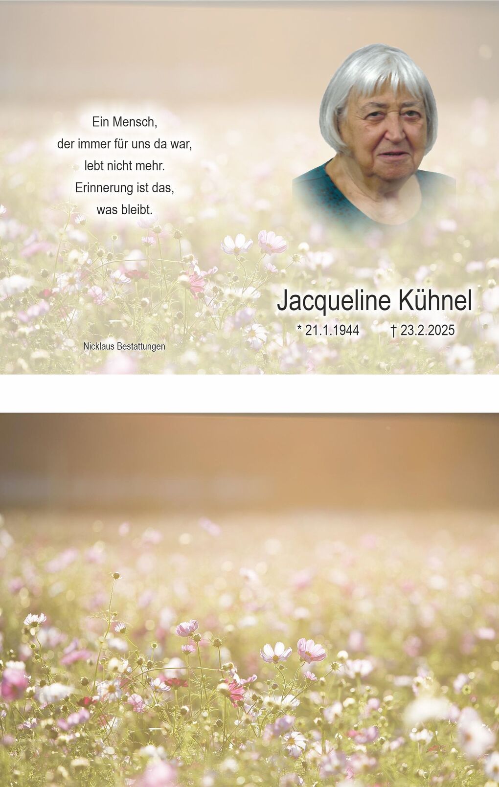 Portr&auml;t einer &auml;lteren Frau vor einem bl&uuml;henden Feld mit Text in sanften Farben, der an die Verstorbene erinnert.