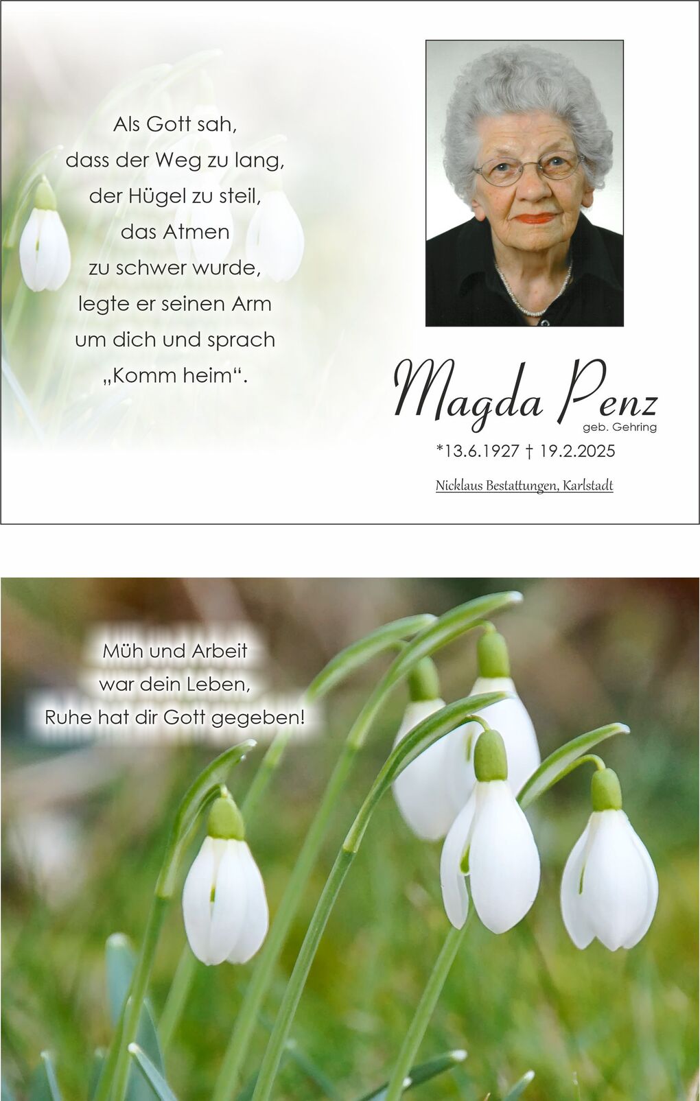 Trauerkarte mit Foto einer &auml;lteren Frau und Schneegl&ouml;ckchen, umgeben von poetischen Texten zum Gedenken.