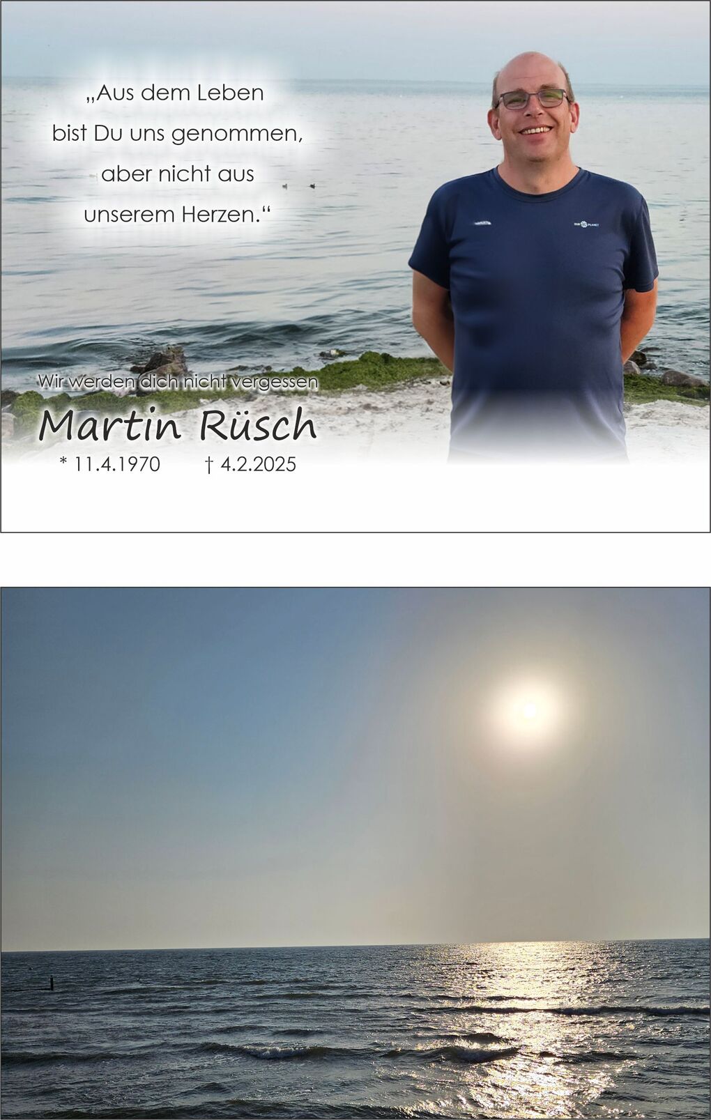 Portr&auml;t eines l&auml;chelnden Mannes am Wasser mit einem Zitat und Daten zur Erinnerung an Martin R&uuml;sch.