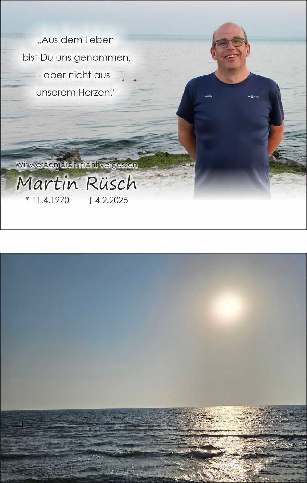 Portr&auml;t eines l&auml;chelnden Mannes am Wasser mit einem Zitat und Daten zur Erinnerung an Martin R&uuml;sch.