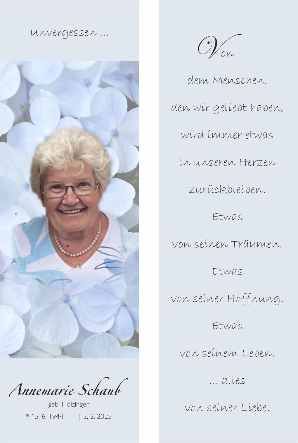 Portrait einer l&auml;chelnden Frau mit kurzem, lockigem Haar, umgeben von blauen Blumen und einem Gedicht zur Erinnerung.
