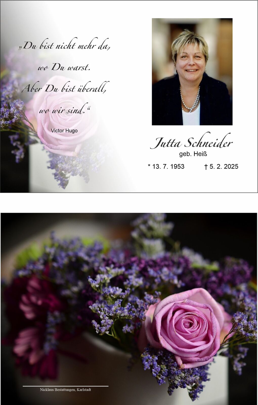 Hochwertige Gedenkkarte mit Foto von Jutta Schneider und einer Blumenarrangement in Pastellt&ouml;nen.
