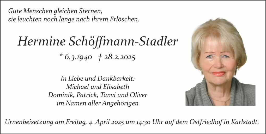 Traueranzeige f&uuml;r Hermine Sch&ouml;ffmann-Stadler mit Geburts- und Sterbedaten sowie Informationen zur Urnenbeisetzung.