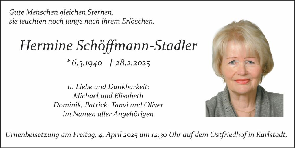 Traueranzeige f&uuml;r Hermine Sch&ouml;ffmann-Stadler mit Geburts- und Sterbedaten sowie Informationen zur Urnenbeisetzung.