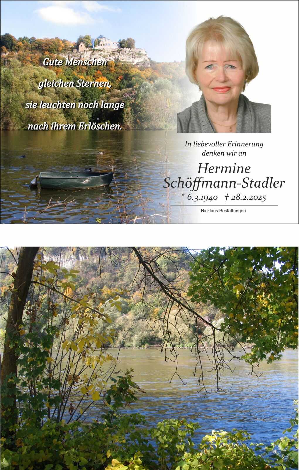 Gedenkblatt f&uuml;r Hermine Sch&ouml;ffmann-Stadler mit Portr&auml;t und landschaftlichem Hintergrund an einem Gew&auml;sser.